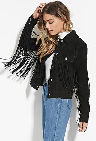 FOREVER21 Women's  Black Suede Fringe Jacket | Forever 21 (US)