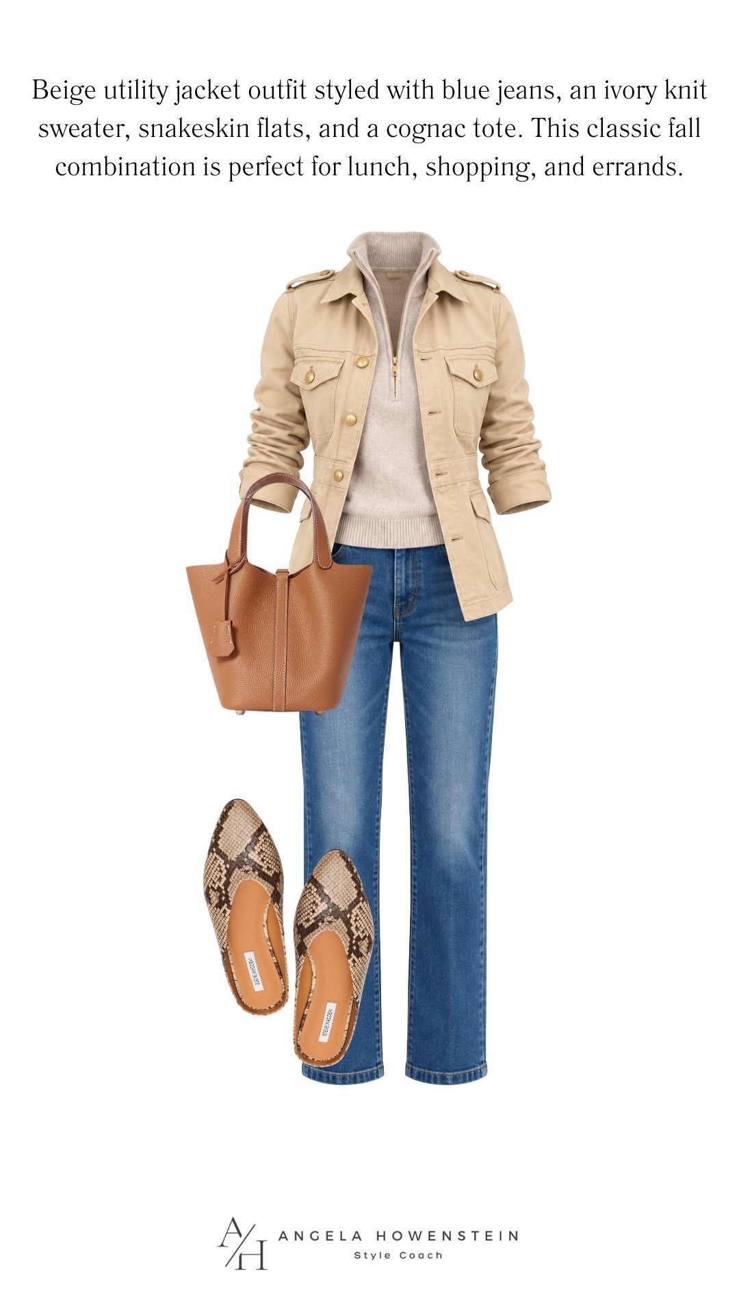 This is such an easy fall outfit formula! A beige utility jacket layered over a cozy neutral knit, classic blue jeans, and snakeskin flats give you a polished look without feeling overdressed. Add a cognac tote, and you’re ready for lunch, shopping, errands, or a casual day out. 

👩‍💻 LTK PRO TIPS
❤️ Heart = Support my posts ;-)
🔖 Save = Get sale & restock alerts for the things you love!
📋 Lists = Keep favorites organized (List ideas: Christmas, Birthdays, and Vacations!)
📲 Share = Send lists and products to a friend (or your daughters like me).
💬 Comment = Ask me anything, and I’ll answer. ;-)