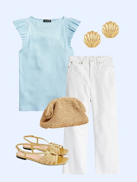 Cute ruffle shoulder top, white wide leg jeans, gold sandals, raffia clutch, shell earrings 

#LTKfindsunder50 #LTKsalealert #LTKfindsunder100