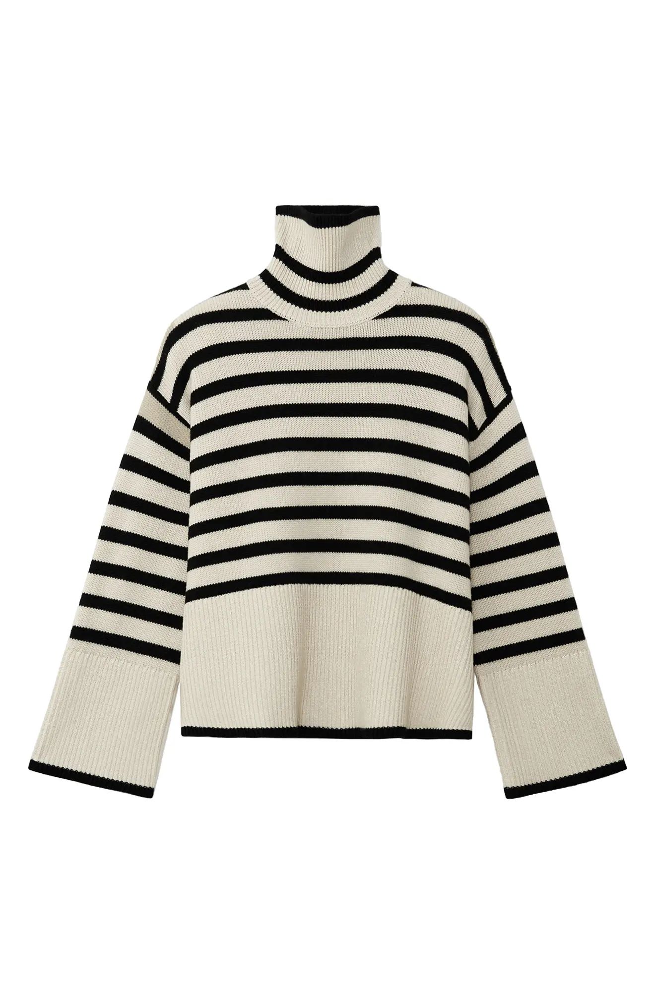Toteme Stripe Wool Blend Turtleneck Sweater in Light Sand Stripe at Nordstrom, Size Medium | Nordstrom