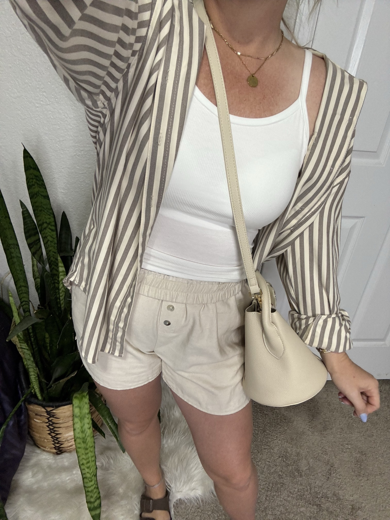 Summer outfit from amazon — white tank top with built in bra, striped button down shirt, linen shorts and beige buckle bag purse






Size 6/8 summer outfit ideas, midsize summer outfit, casual summer style, denim shorts outfit, cotton button down shirt, effortless everyday style, Amazon fashion midsize, petite Amazon fashion, coffee run outfit, SAHM outfits for summer

#LTKootd #LTKSaleAlert #LTKPetite