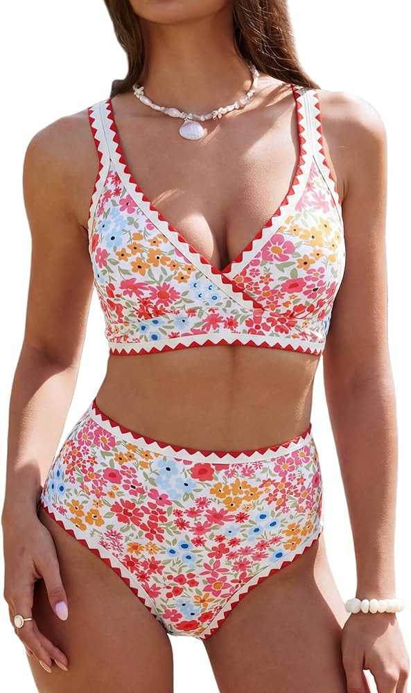 ZAFUL Womens High Waisted Bikini Sets Floral Print Whip Stitch 2 Piece Swimsuits V-Neck Crisscros... | Amazon (US)