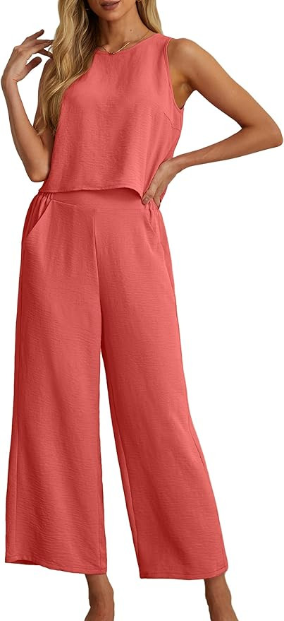 IWOLLENCE Women's Summer 2 Piece Outfits Set Round neck Sleeveless Tank Crop Top Wide Leg pants S... | Amazon (US)