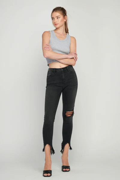 [AMELIA] BLACK DISTRESSED FRAYED HEM SKINNY | Hidden Jeans
