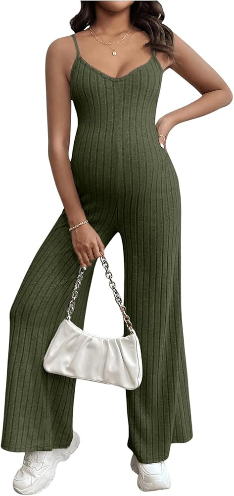 OYOANGLE Women's Maternity V Neck Spaghetti Strap Ribbed Knit Long Pants Jumpsuits | Amazon (US)