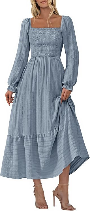 Women Maxi Spring Dresses 2026 Long Sleeve Solid Color Square Neck Smocked Boho Long Wedding Gues... | Amazon (US)