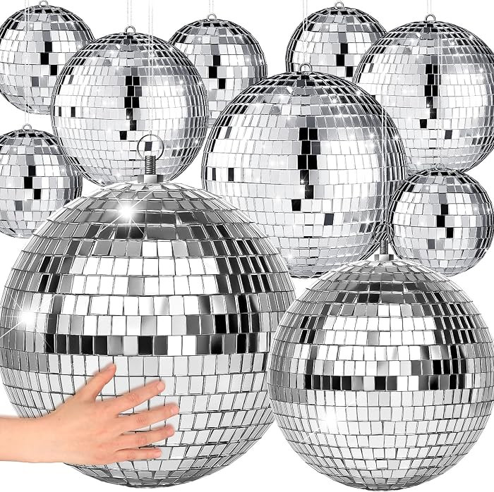 17 Pcs Disco Ball Decor: Mini Large Assorted Size Hanging Mirror Disco Ball Sets - Silver Party O... | Amazon (US)