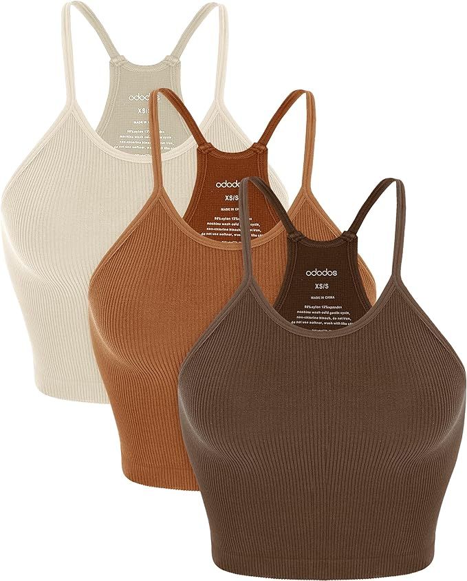 ODODOS Women's Crop 3-Pack Washed Seamless Rib-Knit Camisole Crop Tank Tops | Amazon (US)