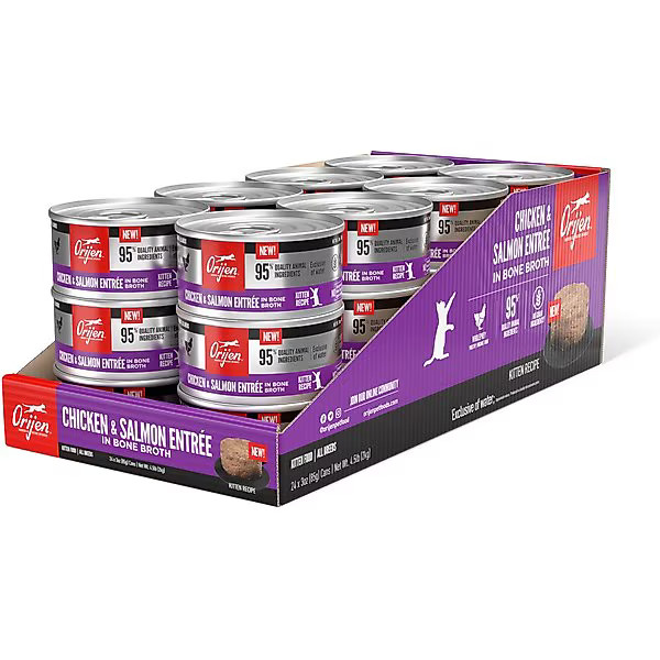 ORIJEN Premium Chicken & Salmon Entree in Bone Broth Pate Wet Kitten Cat Food, 3-oz can, case of ... | Chewy