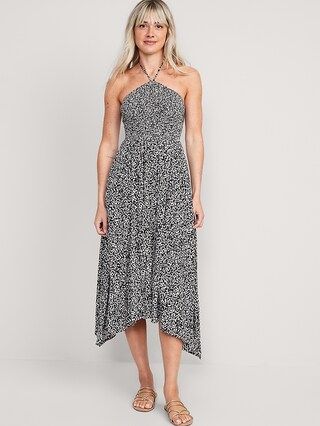 Fit & Flare Printed Crinkled Halter Midi Dress for Women | Old Navy (US)