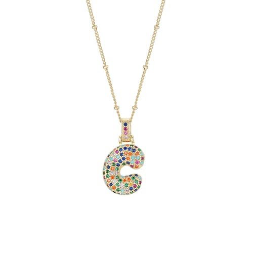 SIXFOX 18K Gold Plated Bubble Letter C Necklace, Chunky Balloon Initial Pendant Necklaces with Colorful Cubic Zirconia Trendy Alphabet Name Chain Choker Jewelry Gifts for Birthday Anniversary Party | Amazon (US)