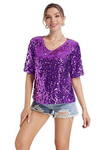 Women’s Sequin Tops Glitter V Neck Loose Summer Shirt Half Sleeve Sparkly Disco Party Plus Size Tunic Blouses All Purple XXL | Amazon (US)