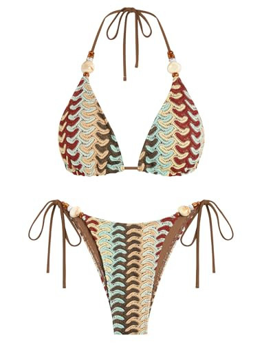 ZAFUL Womens Bikini Swimsuits Cheeky Triangle Bikini Top with Sexy High Cut Bathing Suit Thong Bottom Retro Two Pice Striped Swimsuits Push Up Swim Suit Beads String Halter Swimwear Coffee XL | Amazon (US)