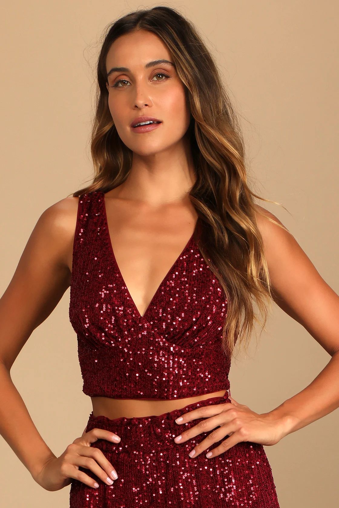 Flawless Sparkle Wine Red Sequin V-Neck Tank Top | Lulus (US)