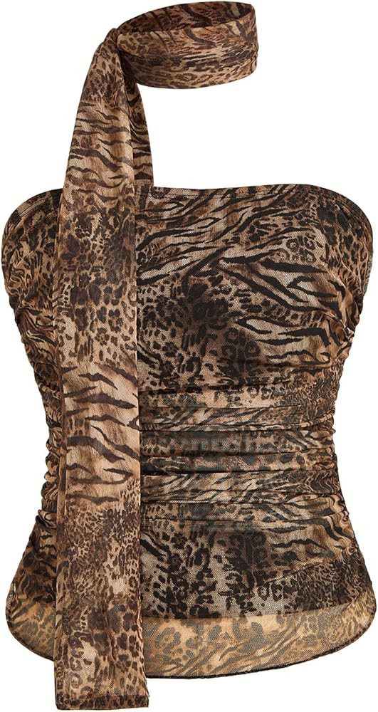 Milumia Women's Cheetah Print Halter Top Y2k Mesh Tube Top Going Out Tops | Amazon (US)