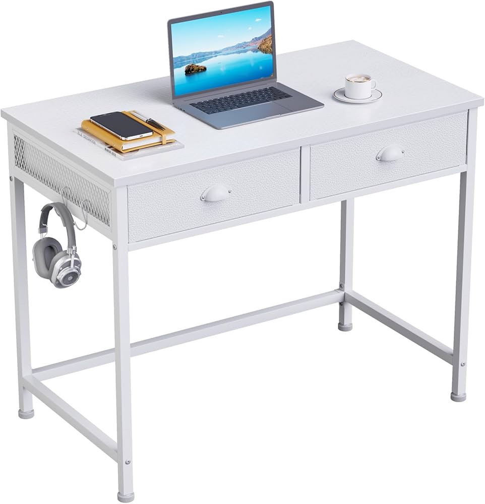 Furologee White Small Computer Desk with 2 Fabric Drawers, 36 Inch Simple Home Office Writing Des... | Amazon (US)
