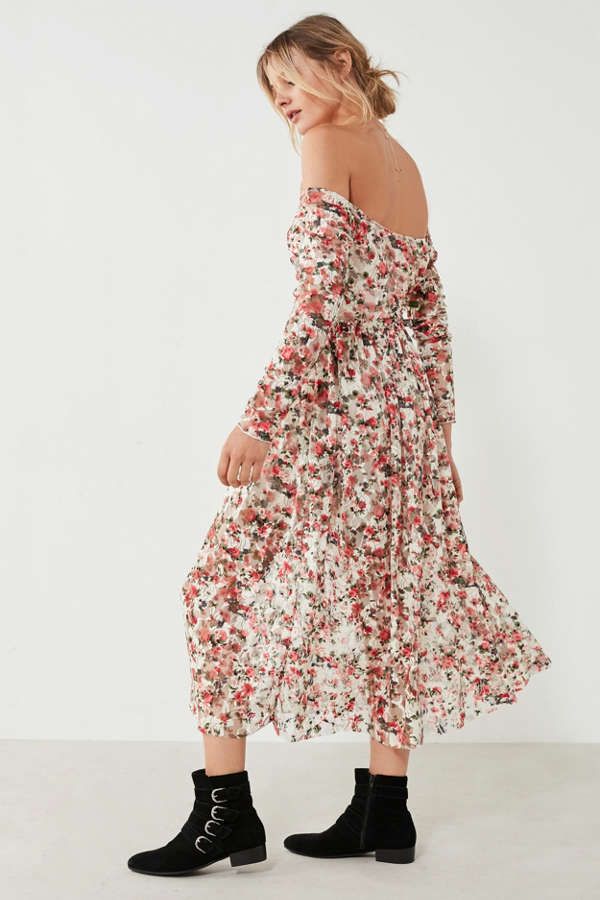 UO Off-The-Shoulder Floral Lace Midi Dress | Urban Outfitters US