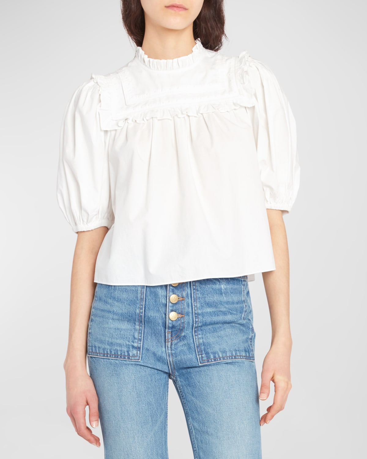 Adeline Puff-Sleeve Ruffled Bib Top | Neiman Marcus