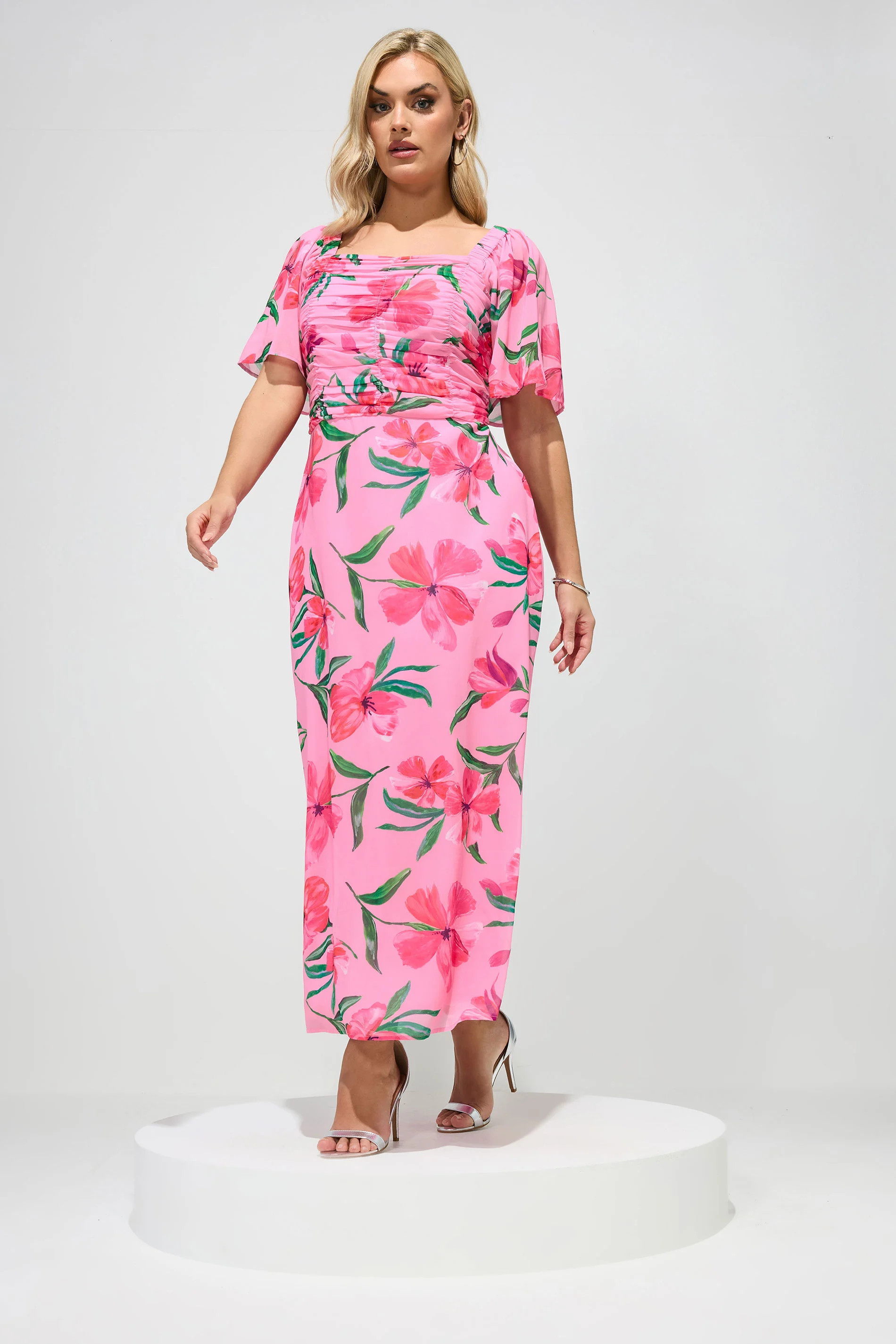 YOURS LONDON Plus Size Pink Floral Gathered Front Maxi Dress | Yours Clothing UK