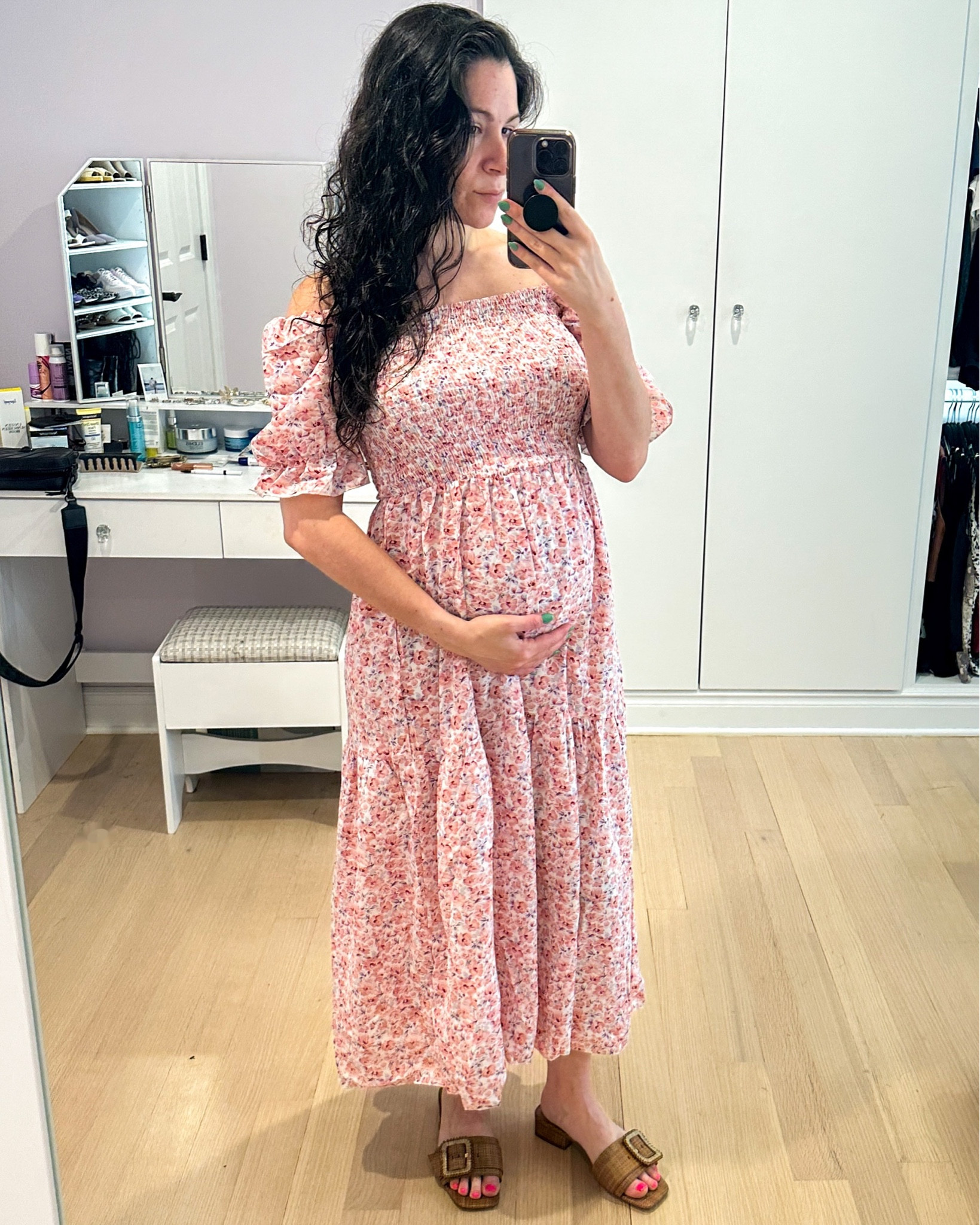 Pretty floral short sleeve dress that can be worn off the shoulder. Smocked top and flowy fit makes this bump friendly—I sized up to a medium. Perfect for beach, end of summer vacation, babymoon, or a shower event. 

#LTKbump #LTKunder50 #LTKtravel