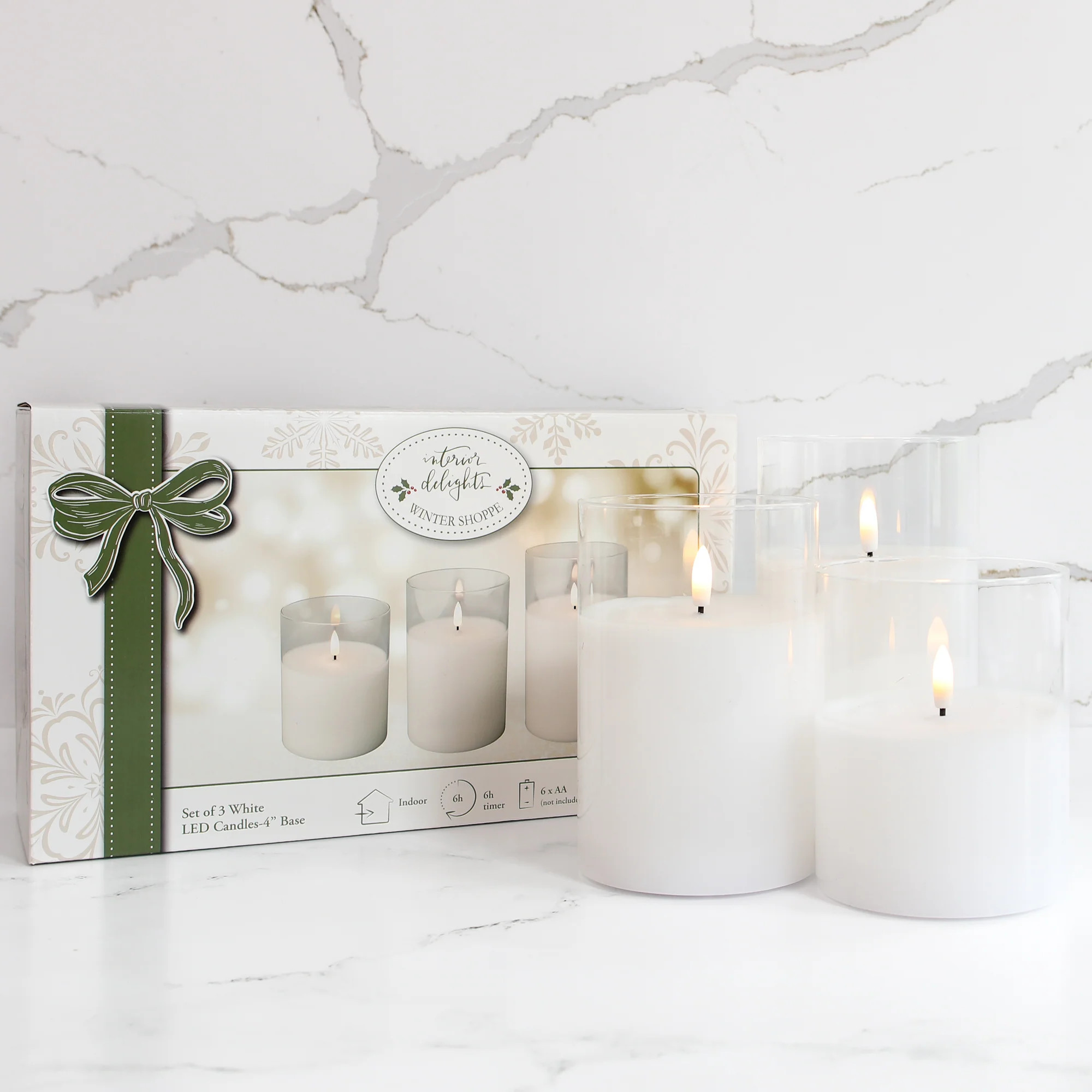 White Flameless -Three Pack Candles with 4” base | Interior Delights