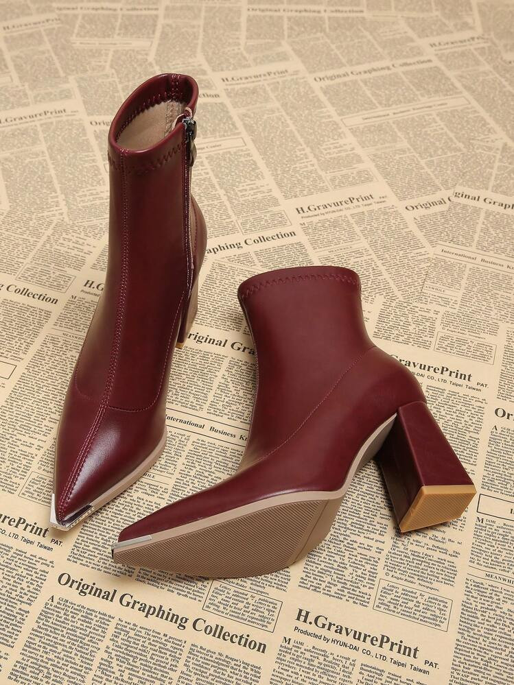 Go With Dress 2024 Spring Autumn New Women Fashion Burgundy Suede Pointy Toe Chunky Heel Ankle Bo... | SHEIN
