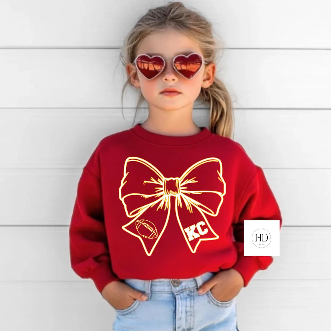 Youth Kids Coquette KC Bow Tee Bow Crewneck Trendy Kids Gift Ideas Girls Tees Kids Crewnecks Foot... | Etsy (US)