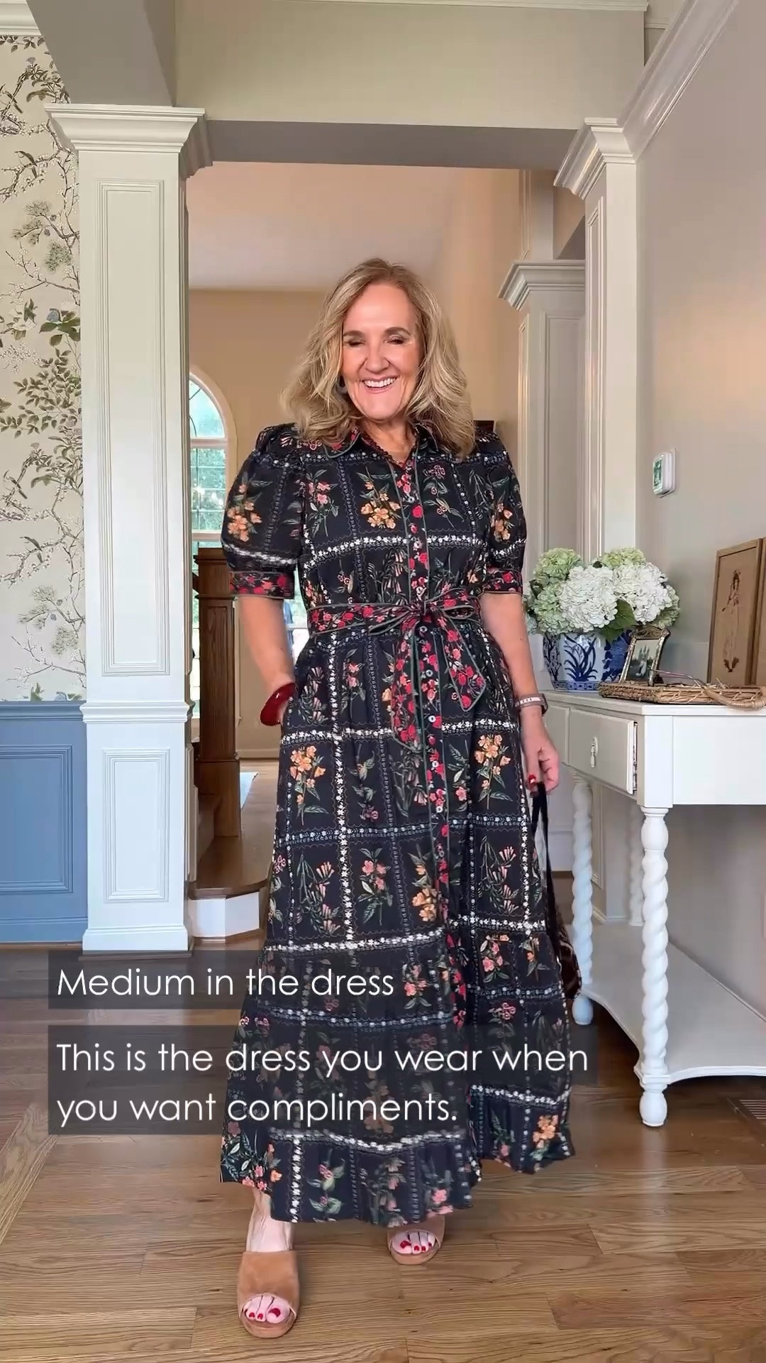 Oh my goodness, this dress is so pretty! I’m wearing a medium, and between that print and all those little details, it really doesn’t need much else.

#LTKootd #LTKWedding #LTKOver40