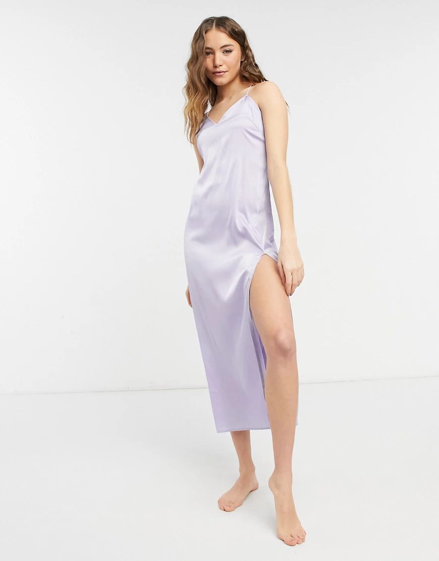 ASOS DESIGN satin midi pajama slip with high split and skinny straps in lilac-Purple | ASOS (Global)