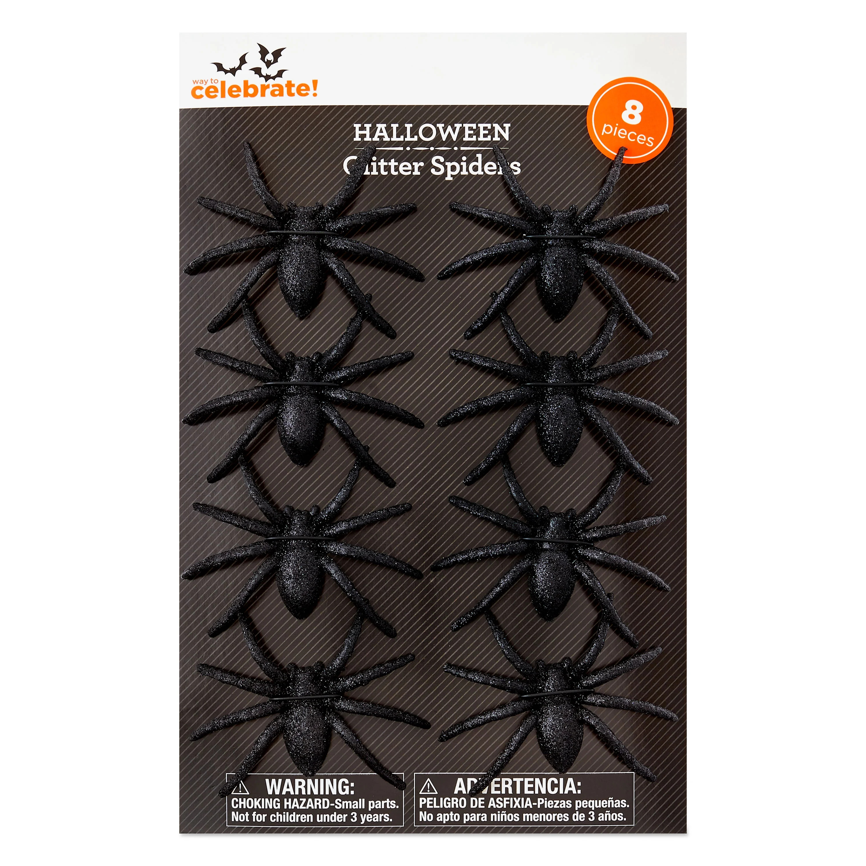 Way To Celebrate Halloween Set of 8 Black Plastic 2.8 Inch Glitter Spiders Outdoor Decoration | Walmart (US)