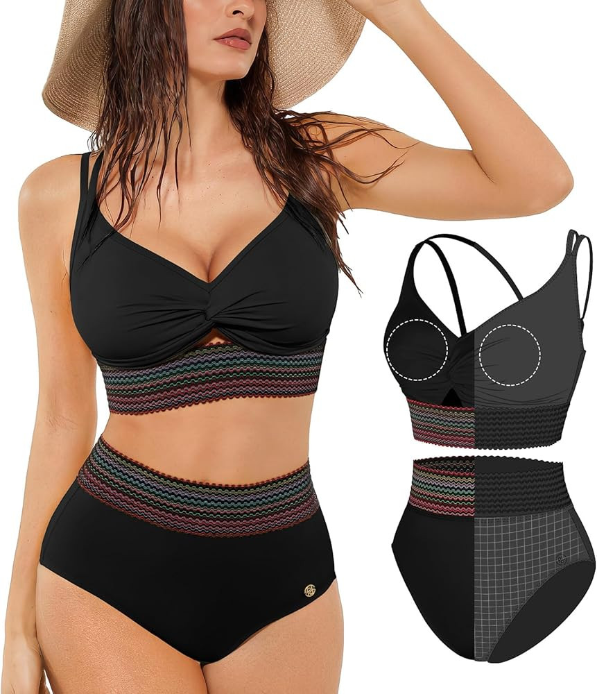 Popilush Tummy Control Swimsuits for Women - High Waisted Bikini Sets Shapewear with Boho Trim 4 ... | Amazon (US)