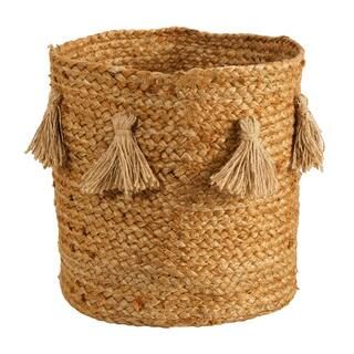 12.5 in. Natural Beige Jute Boho Chic Hand-Woven Basket Planter with Tassels | The Home Depot
