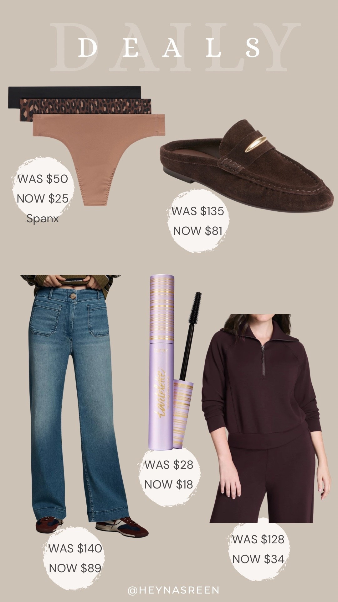 Daily deals on Spanx underwear, Steve Madden mules, Spanx half zip pullover, Tarte tubing mascara, Anthropologie jeans