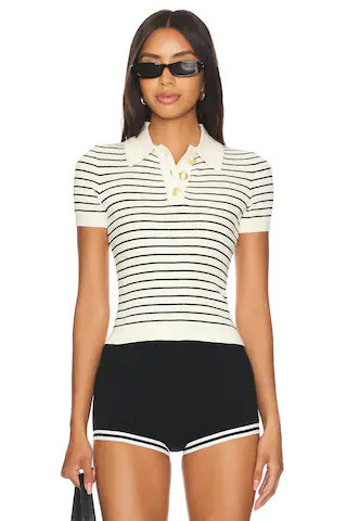 Lovers and Friends Camelia Stripe Short Sleeve Polo in Ivory & Black from Revolve.com | Revolve Clothing (Global)
