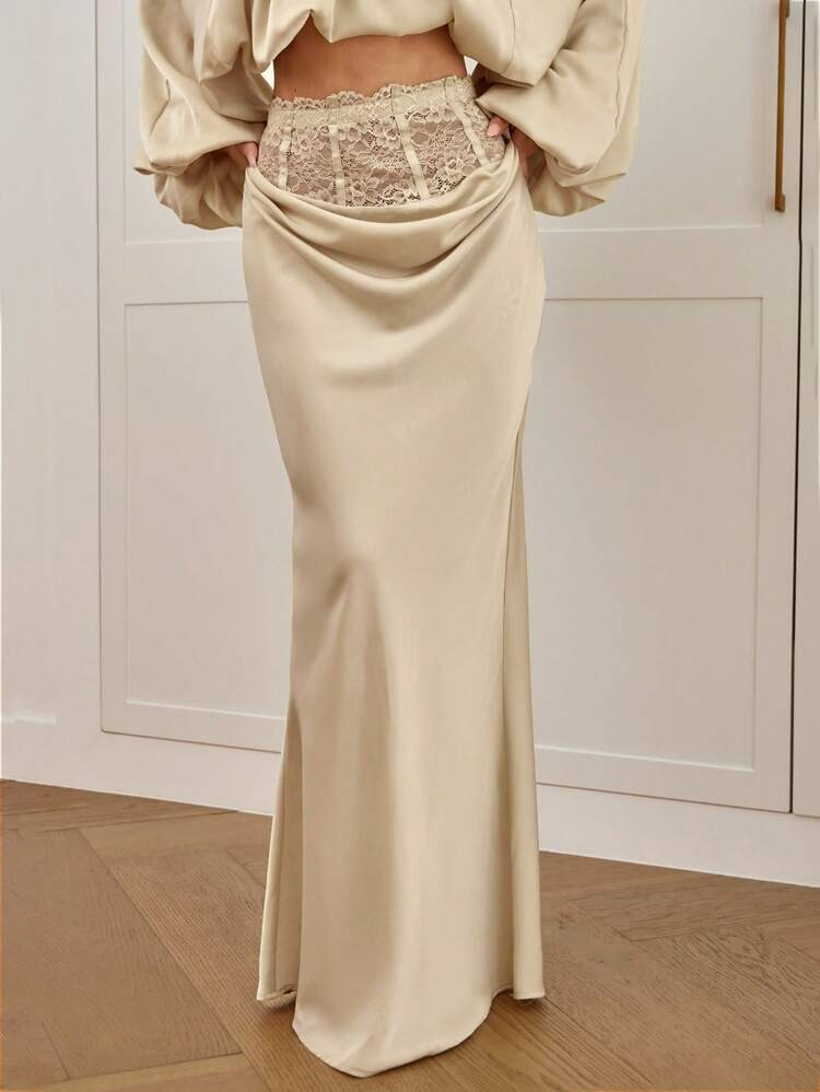 Aloruh Women's New Long Satin & Lace Patchwork Elegant Skirt, Party Wear Winter For Women Skirts For Women Summer For Women Summer Summer Holiday Vacation Women Summer For Women Summer Wedding Party Party Wedding Guest Women Holiday For Women Elegant For Ladies | SHEIN