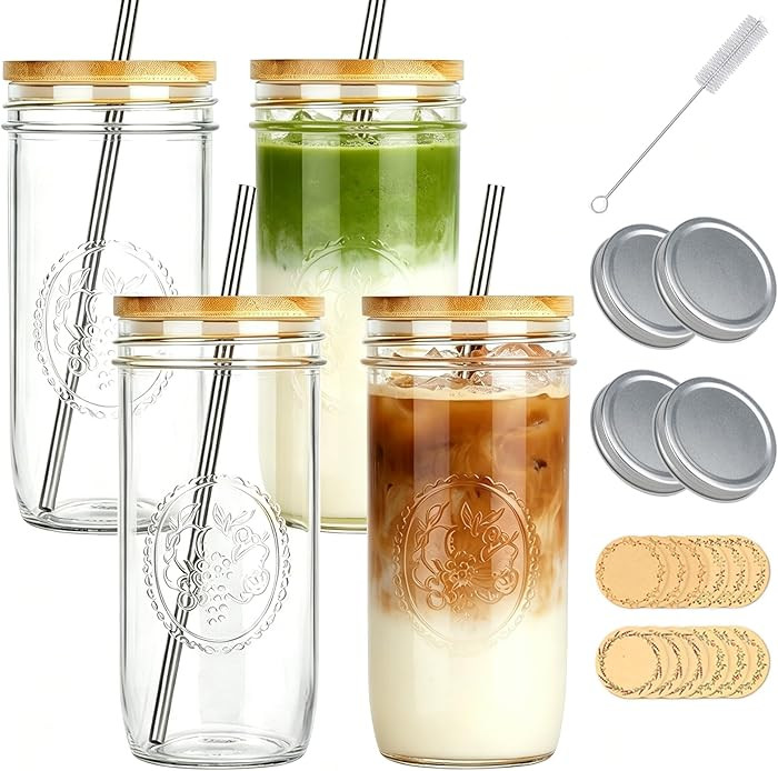24 oz Glass Cups with Bamboo Lids and Straws, Thickened Glass Tumbler with 2 Lids (Bamboo & Seali... | Amazon (US)