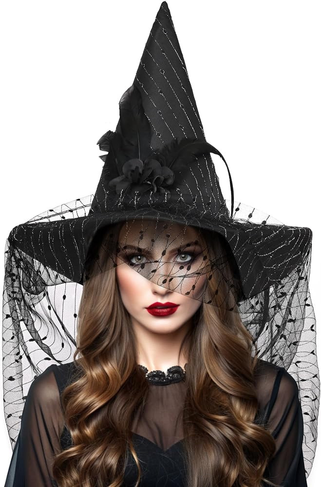 Halloween Black Witch Hat for Woman Adult Wizard Costume with Feather Party Cosplay Decoration Ac... | Amazon (US)