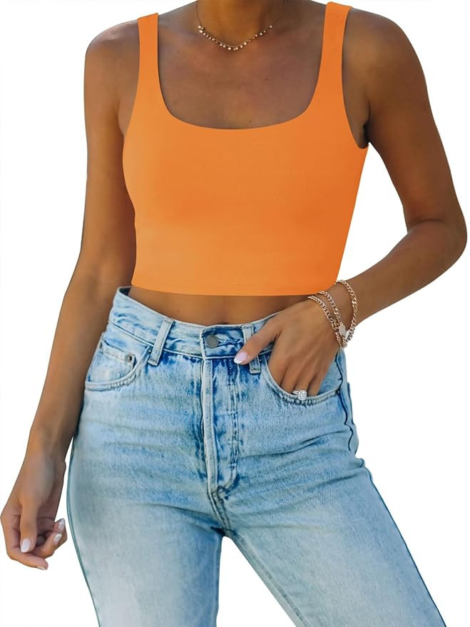 REORIA Women’s Sexy Square Neck Double Lined Seamless Sleeveless Cropped Tank Yoga Crop Basic T... | Amazon (US)