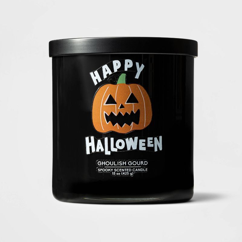 15oz 2-Wick Glass Jar Happy Halloween Ghoulish Gourd Candle Black - Hyde &#38; EEK! Boutique&#848... | Target