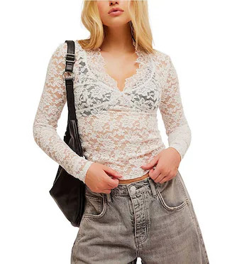 Free People All Day Lace V Neck Long Sleeve Sheer Lace Knit Top | Dillard's | Dillard's