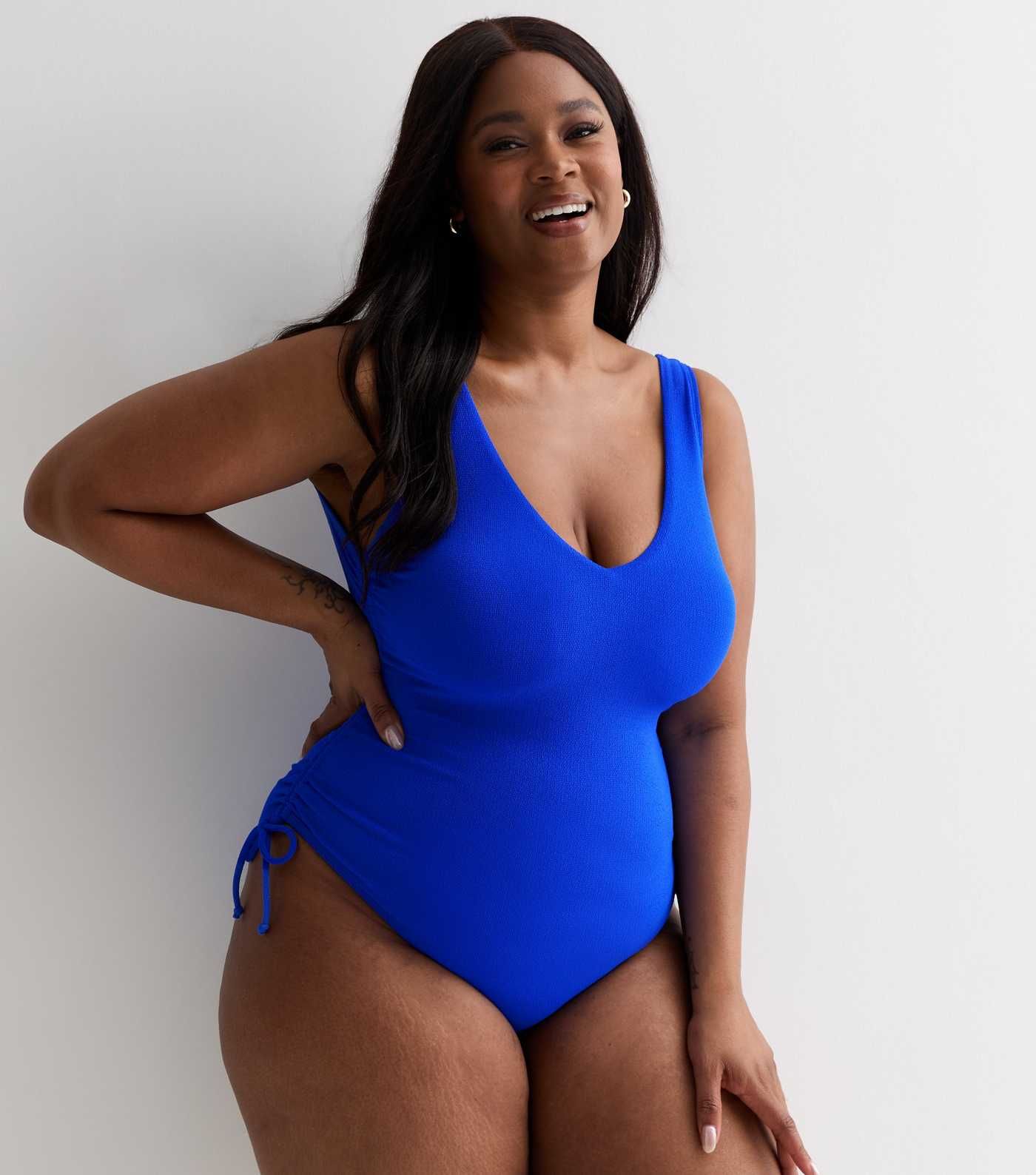 Curves Blue Ruched Side Swimsuit | New Look | New Look (UK)