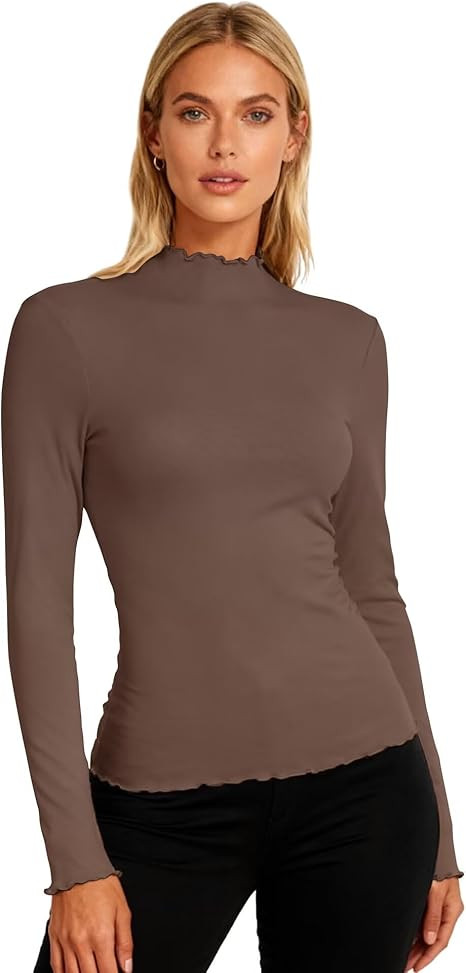 Womens Mock Neck Long Sleeve Tops Slim Fit Lettuce Trim Shirt Ribbed Turtleneck Thermal Undershir... | Amazon (US)