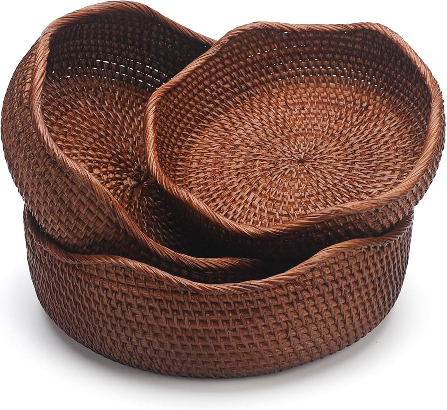 YANGQIHOME Rattan Round Fruit Baskets, Wicker Storage Bowls, Natural Woven Serving Basket Bowls, ... | Amazon (US)