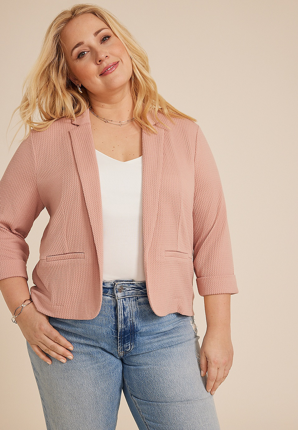 Plus Size Textured Versa Open Front Cropped Blazer | Maurices