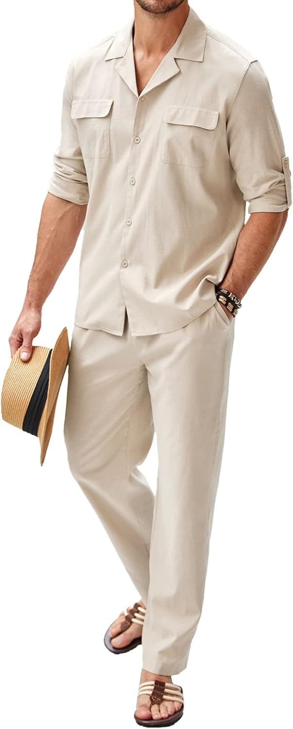 COOFANDY Men's 2 Pieces Cotton Linen Set Button Down Shirt Long Sleeve Casual Beach Pants Summer ... | Amazon (US)
