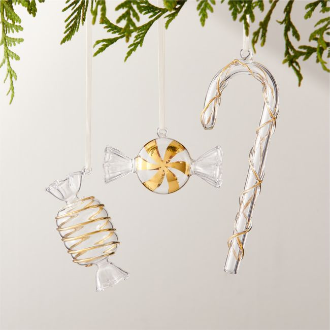24K Gold and Clear Glass Candy Christmas Tree Ornaments Set of 3 | CB2