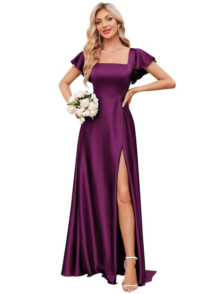 Satin Bridesmaid Dress with Slit Square Neck Prom Dresses Flutter Sleeve A Line Formal Evening Go... | Amazon (US)