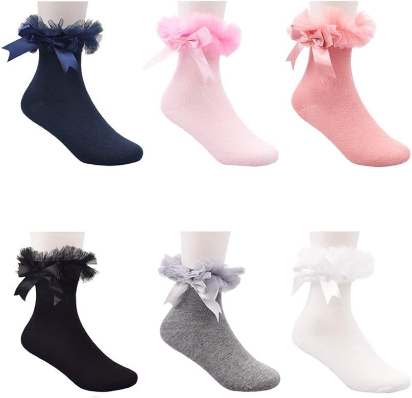 Little Girls Cute Bowknot Lace Ruffle Princess Dress Socks 6 Pairs Pack | Amazon (US)