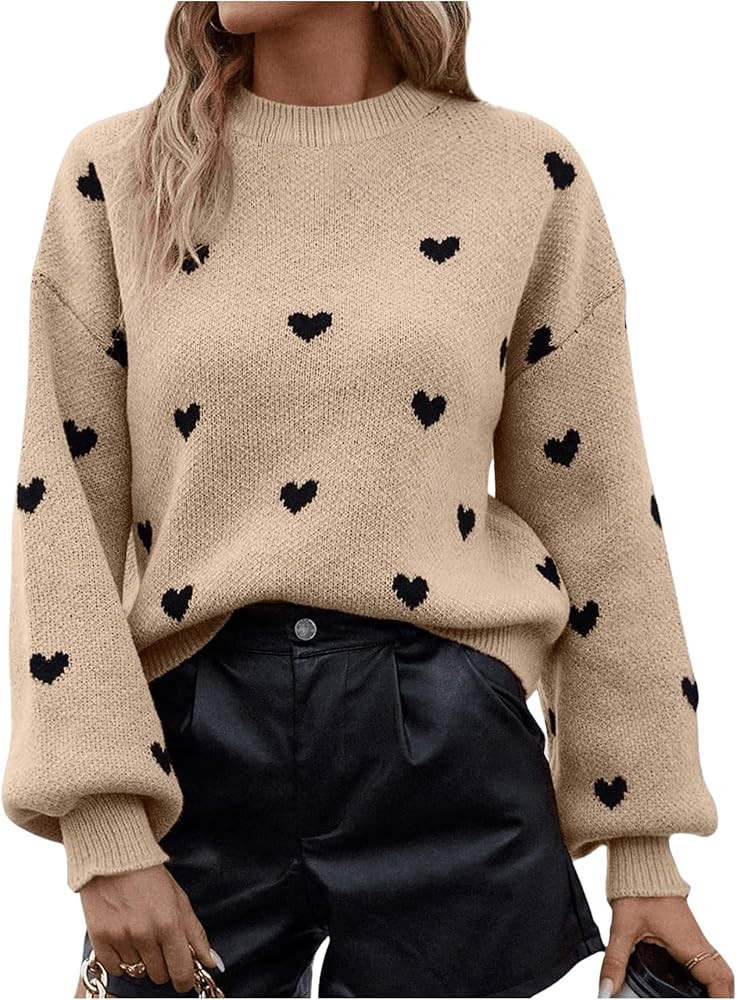 WDIRARA Women's Heart Pattern Sweater Crew Neck Long Sleeve Knit Top Knitwear | Amazon (US)