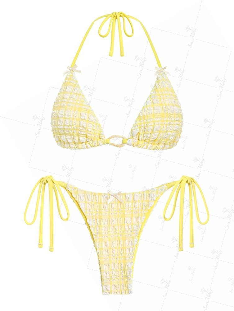 seamoly Contrast Binding Textured Halter Triangle Tie Side Bikini Set | Amazon (US)